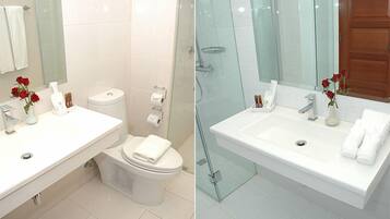 Shower, free toiletries, hair dryer, towels