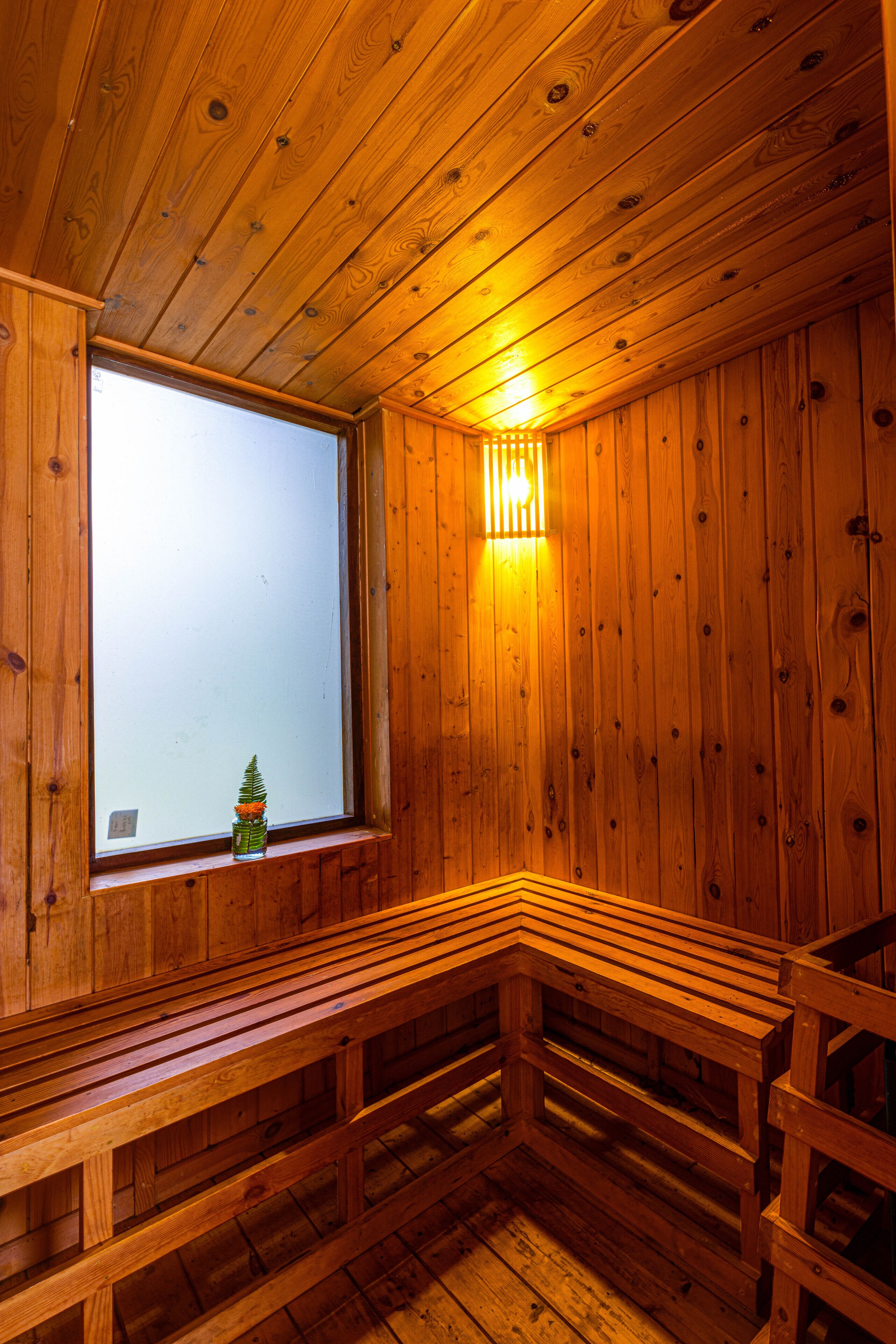 A wooden sauna with benches and a large window.