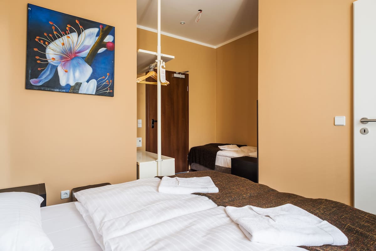 A hotel room with a bed, a painting, a wardrobe, and a mirror.
