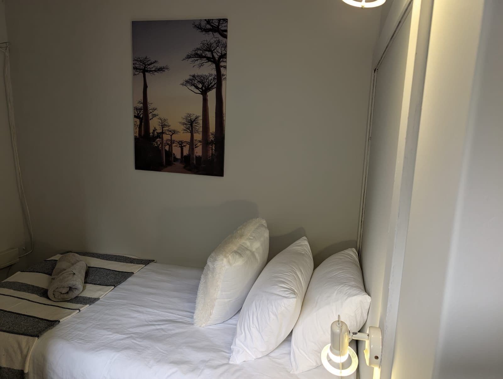 A bedroom with a bed, pillows, a blanket, a wall-mounted picture, and a bedside lamp.
