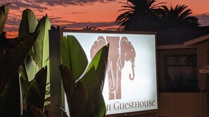 A sign for a guesthouse with an elephant logo, surrounded by tropical foliage. - Amarachi Guesthouse (Swakopmund)