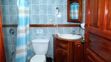 A bathroom with a shower curtain, toilet, sink, and wooden cabinet.