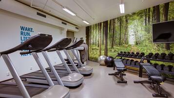 A gym with treadmills, dumbbells, and exercise balls.