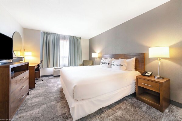 Desk, laptop workspace, blackout curtains, iron/ironing board