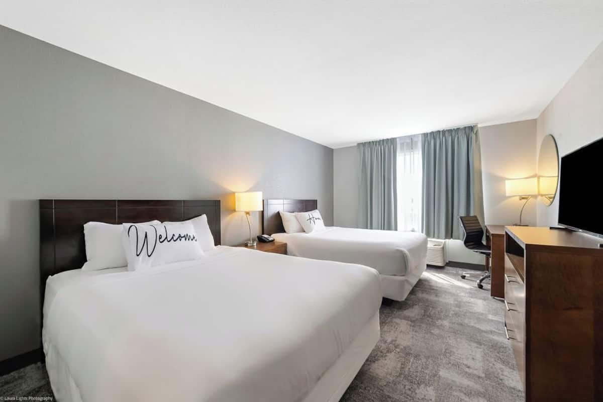 Standard Room, 2 Queen Beds | Desk, laptop workspace, blackout drapes, iron/ironing board