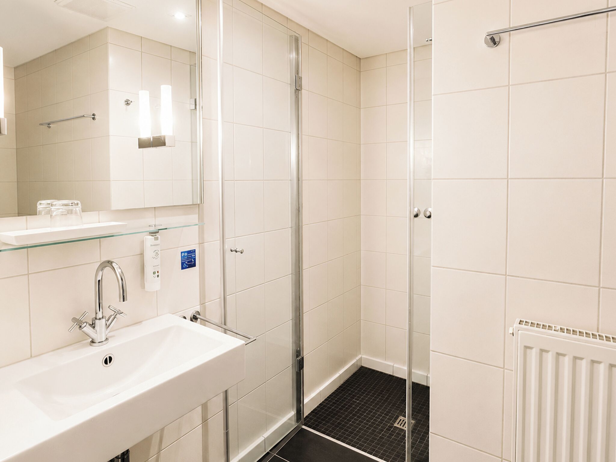 A modern bathroom with a glass shower enclosure, a white sink, and a mirror.