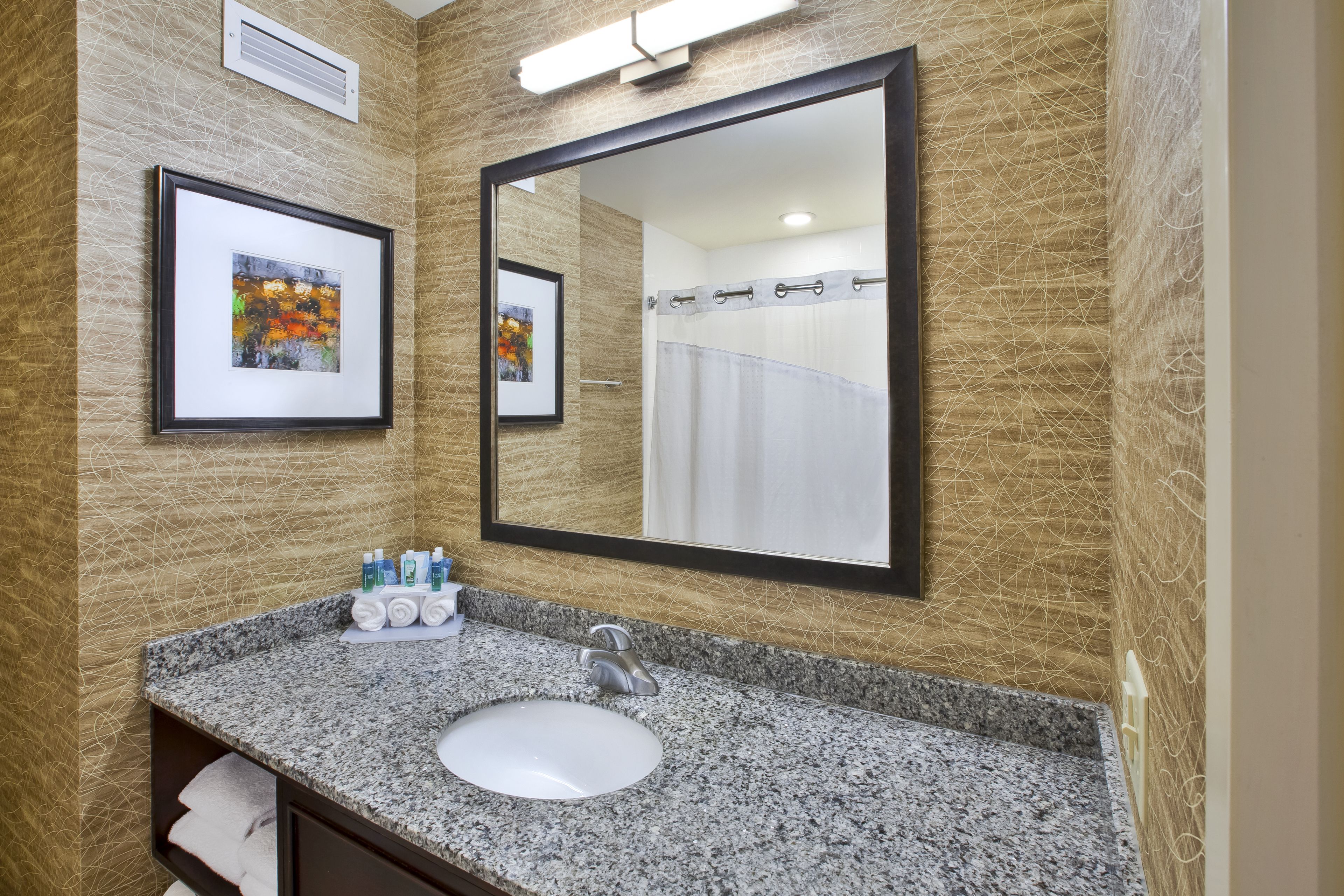 combined shower/bathtub, free toiletries, hair dryer, towels