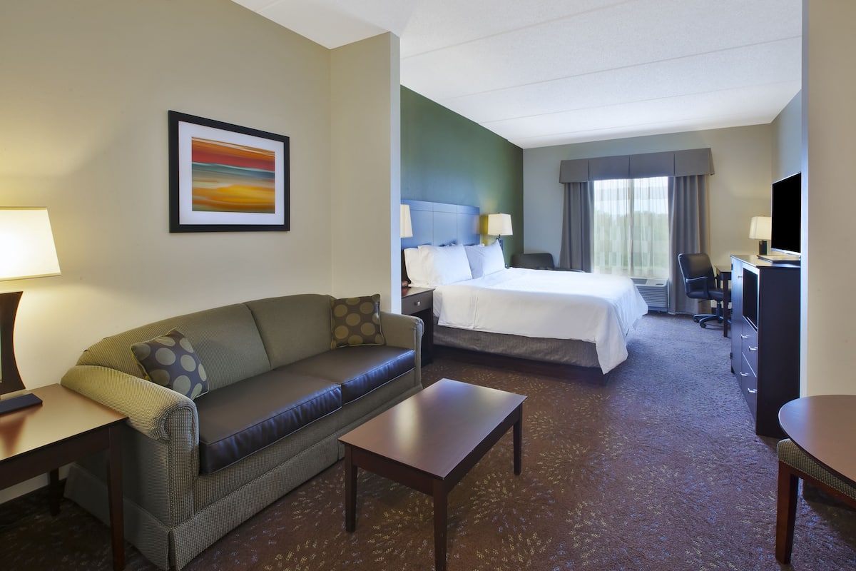 A hotel room with a bed, a sofa, a desk, and a television.