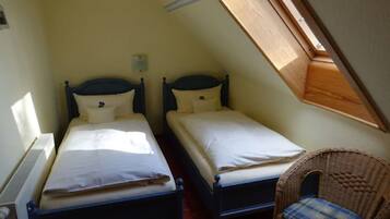 Two single beds with headboards, a small wicker chair, and a sloped ceiling with a skylight.