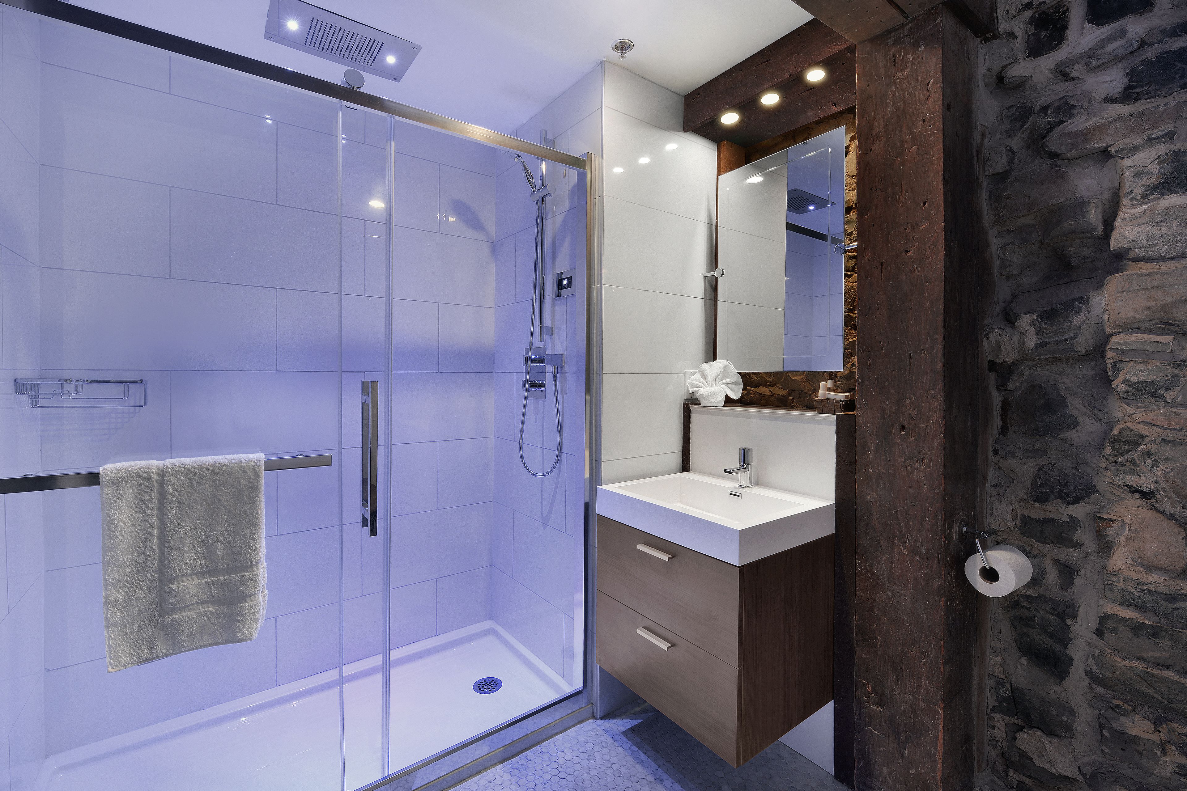 shower, free toiletries, hair dryer, towels