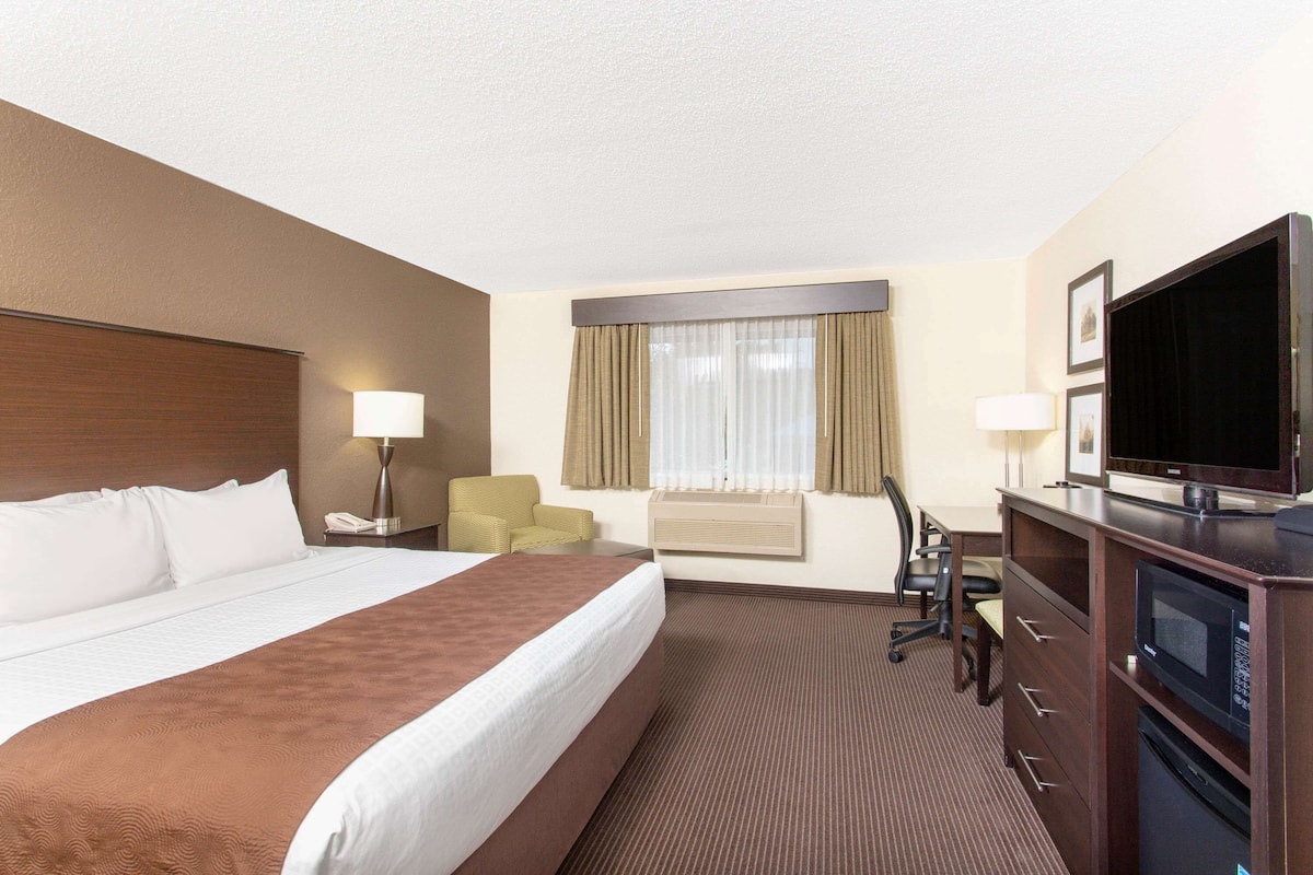 A hotel room with a large bed, a desk with a chair, a television, and a minibar.
