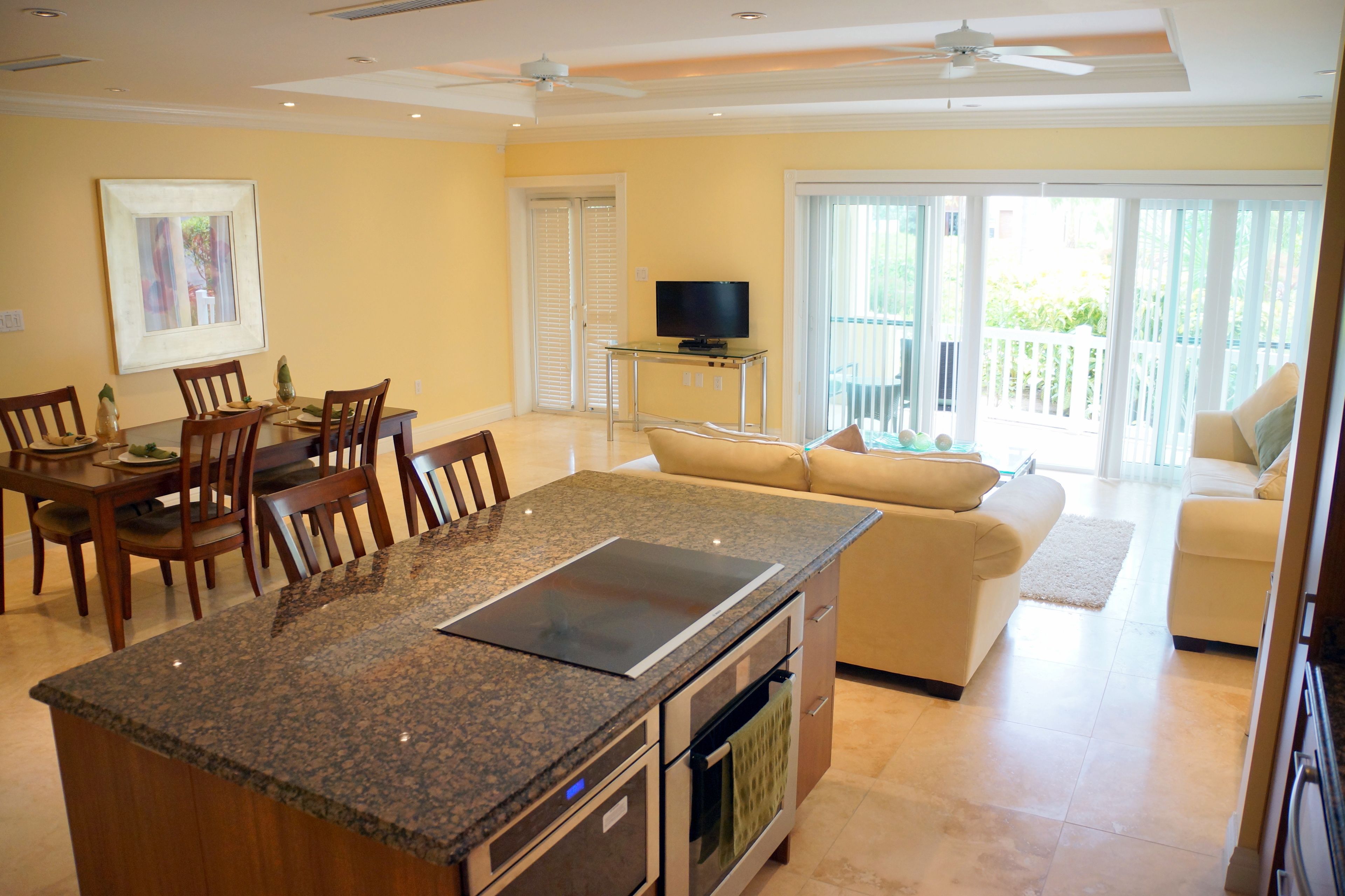 full-sized fridge, microwave, stovetop, dishwasher