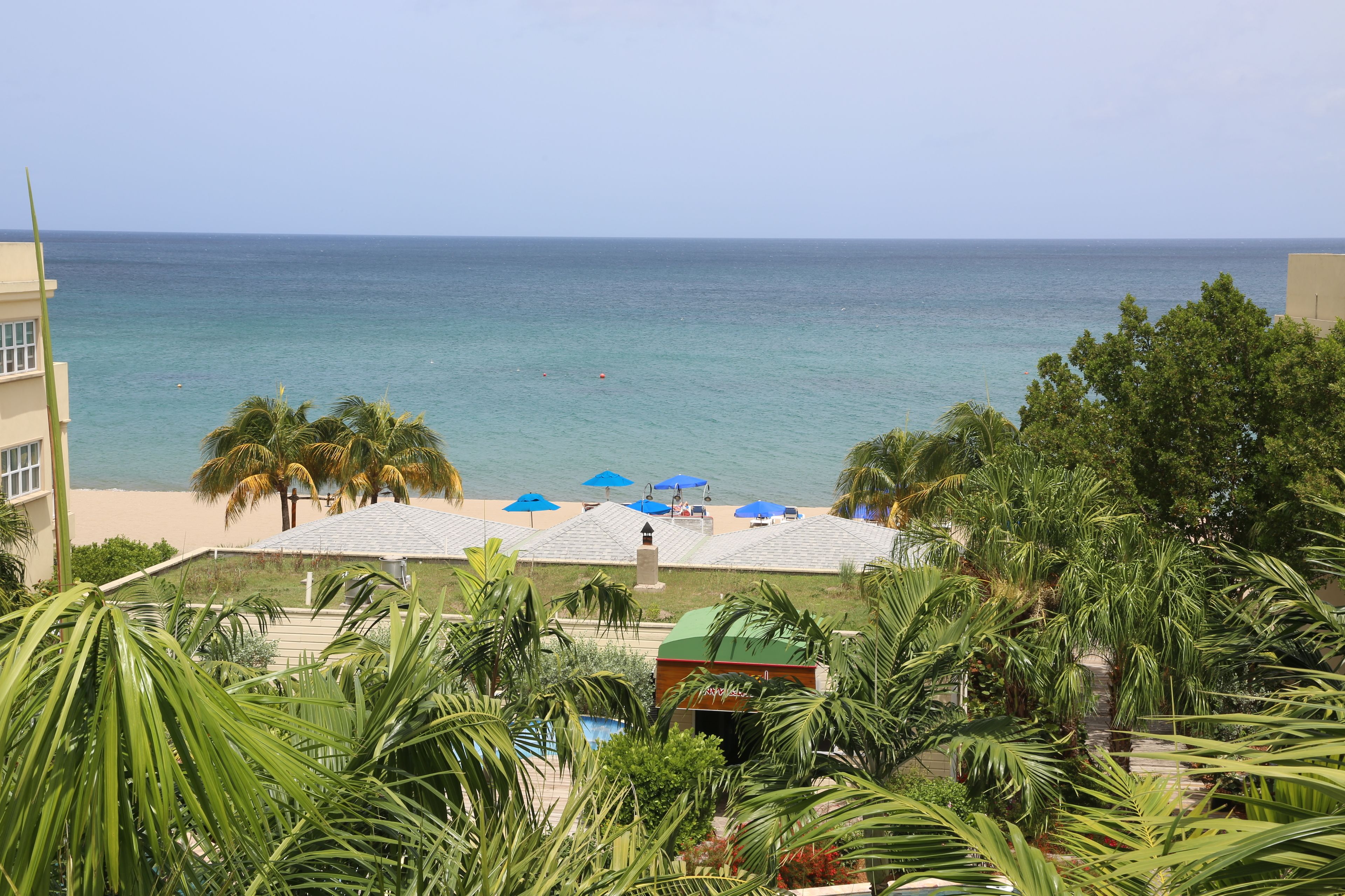 A view of a beach resort with a pool, umbrellas, and palm trees.