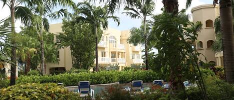 A pool area with lounge chairs, surrounded by lush greenery and palm trees, with a building in the background.