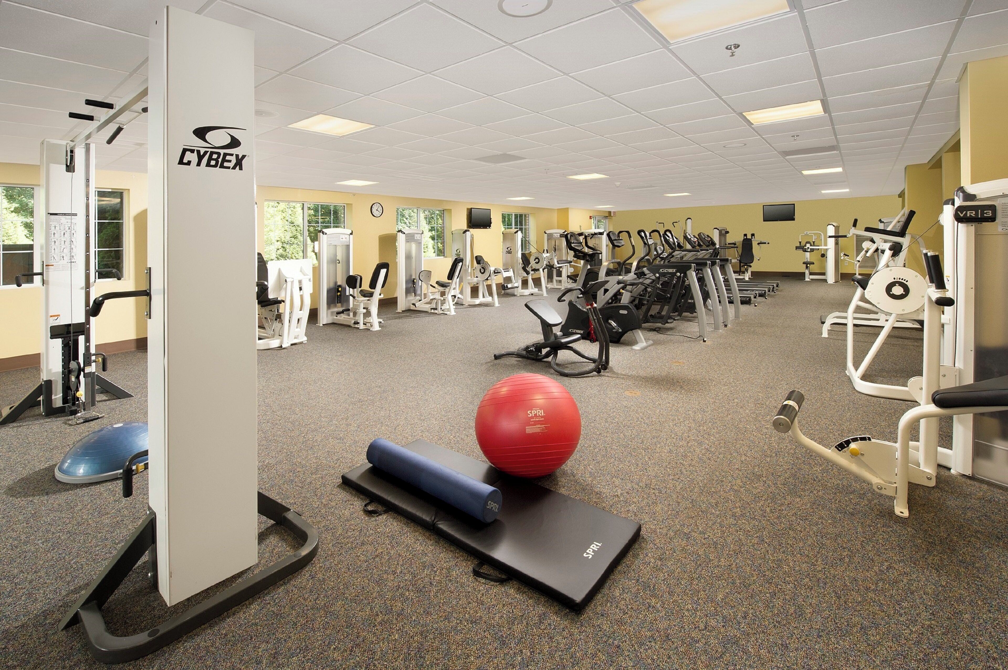 Une salle de sport équipée de divers appareils d’exercice, notamment des tapis de course, des vélos d’appartement et des appareils de musculation.