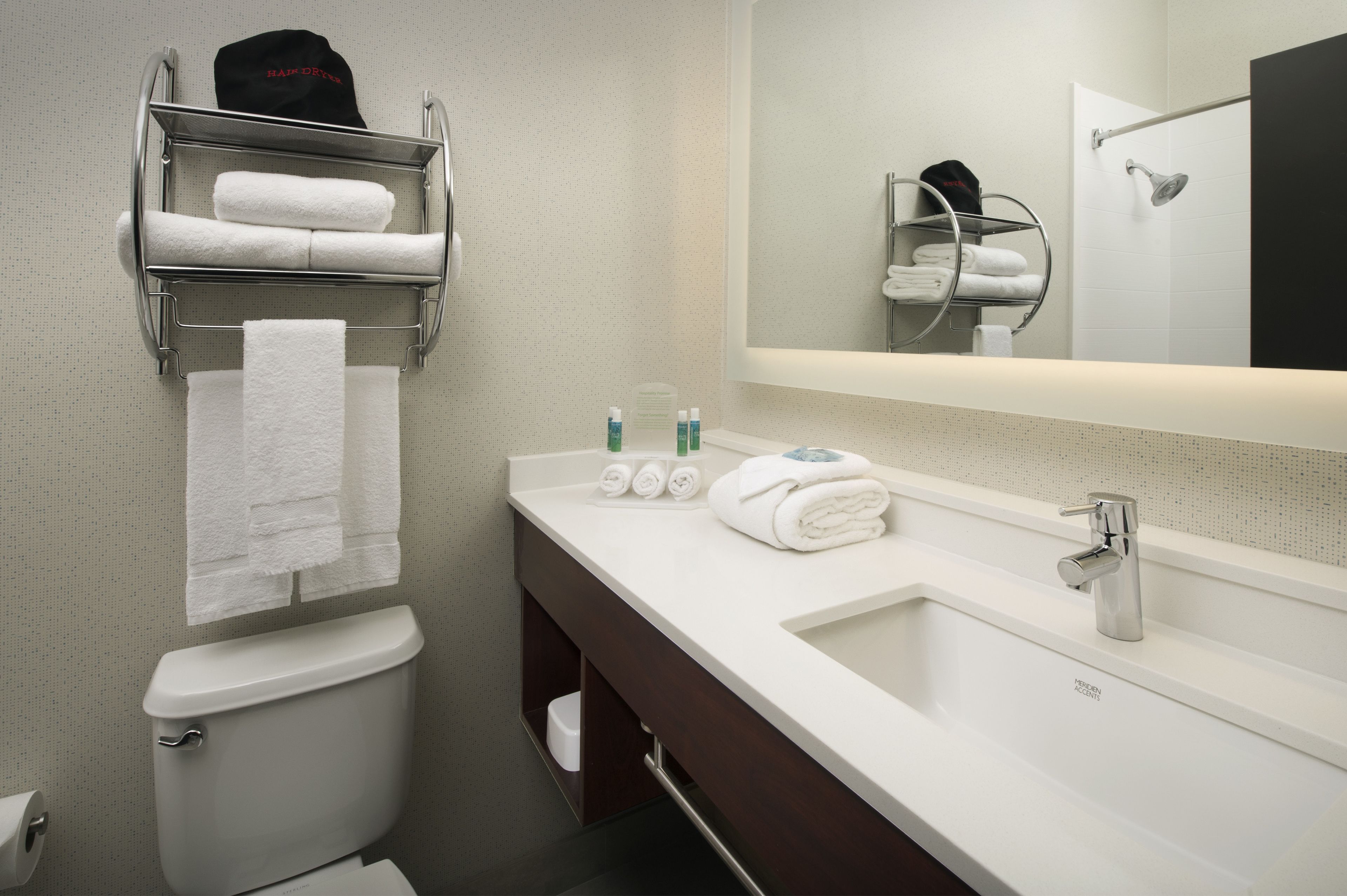 combined shower/bathtub, free toiletries, hair dryer, towels