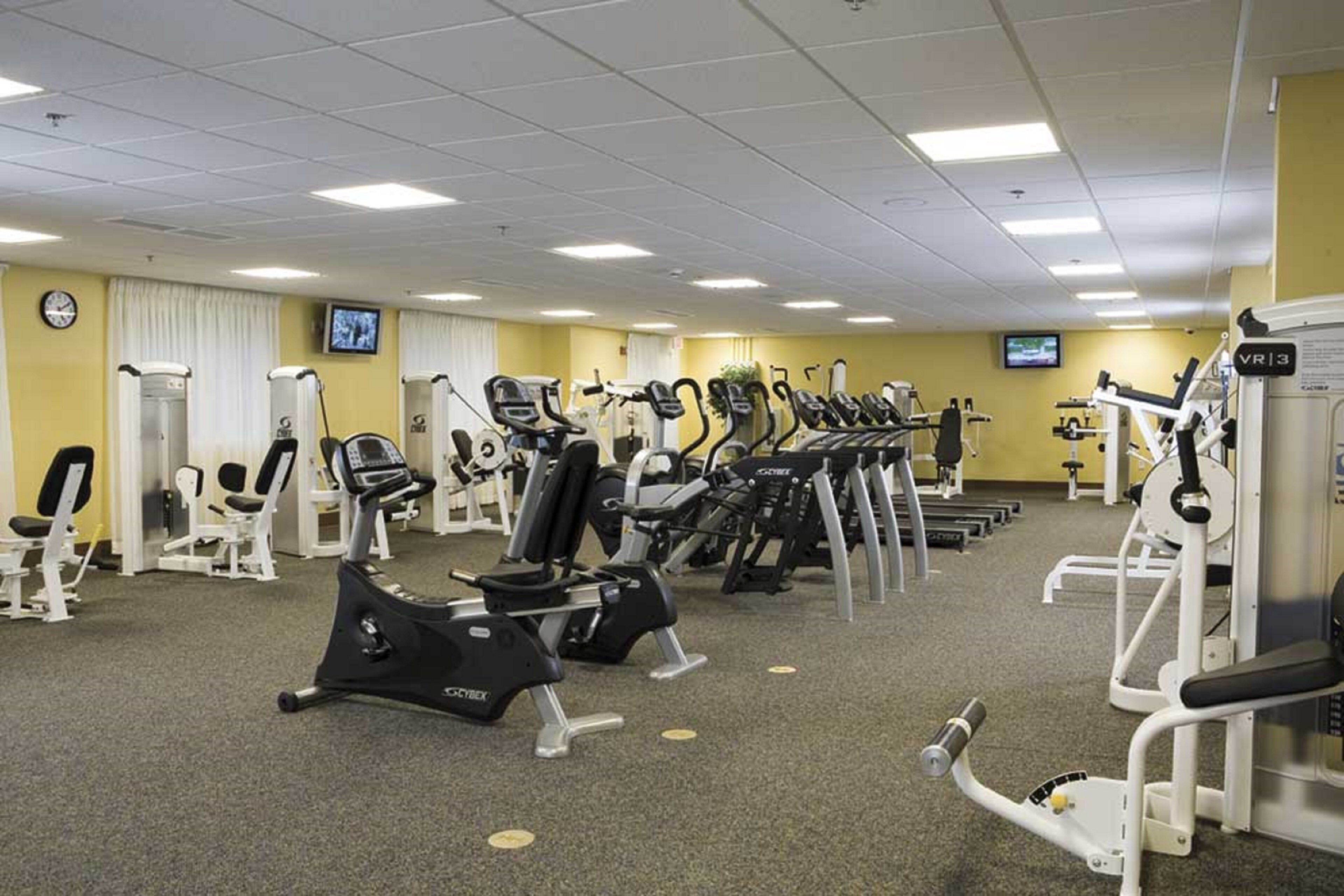 Un gimnasio con equipos de ejercicio variados, incluyendo cintas de correr, elípticas y máquinas de pesas.