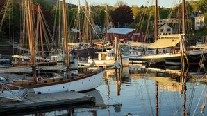 A marina with several boats docked, wooden walkways, and a building in the background. - Lord Camden Inn (Camden)