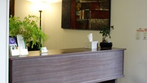 Una mesa de recepción con una lámpara, plantas en macetas y una obra enmarcada en la pared.