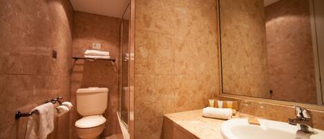 Un baño con inodoro, lavabo y un espejo grande.