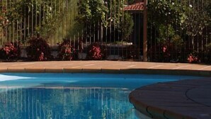 Ein Swimmingpool mit glatter, blauer Wasseroberfläche, umgeben von einer Pflasterterrasse und verschiedenen Pflanzen.