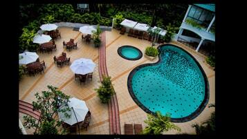 Outdoor pool, pool umbrellas, pool loungers