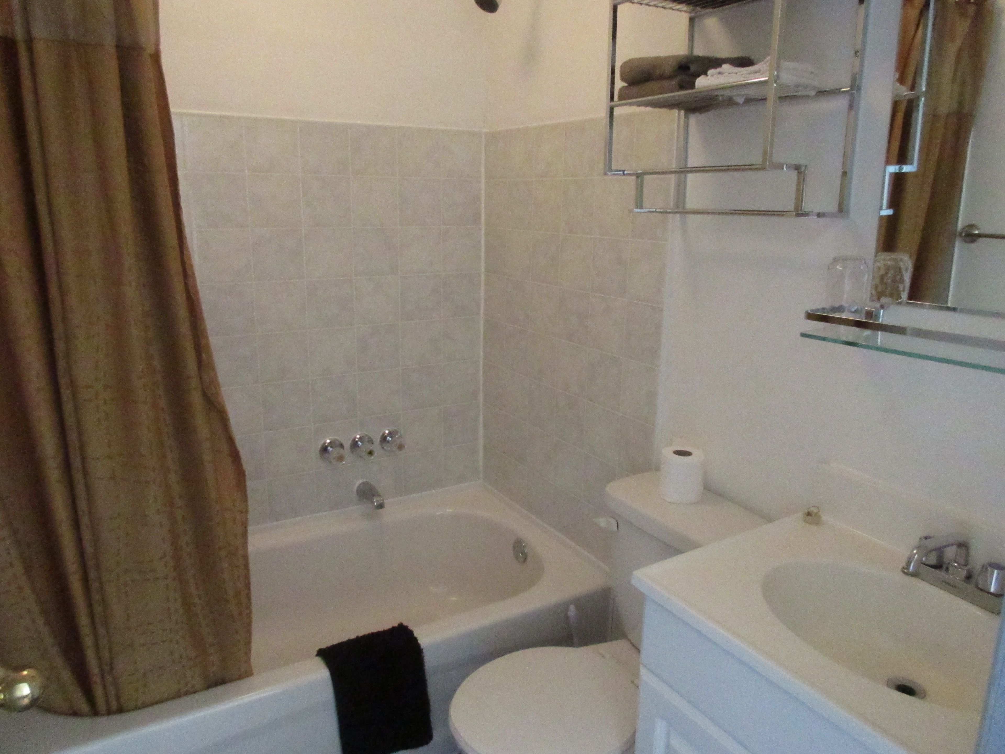 Een badkamer met een bad, toilet en wastafel.