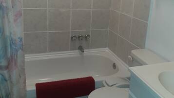 A bathroom with a bathtub, toilet, and a shower area.