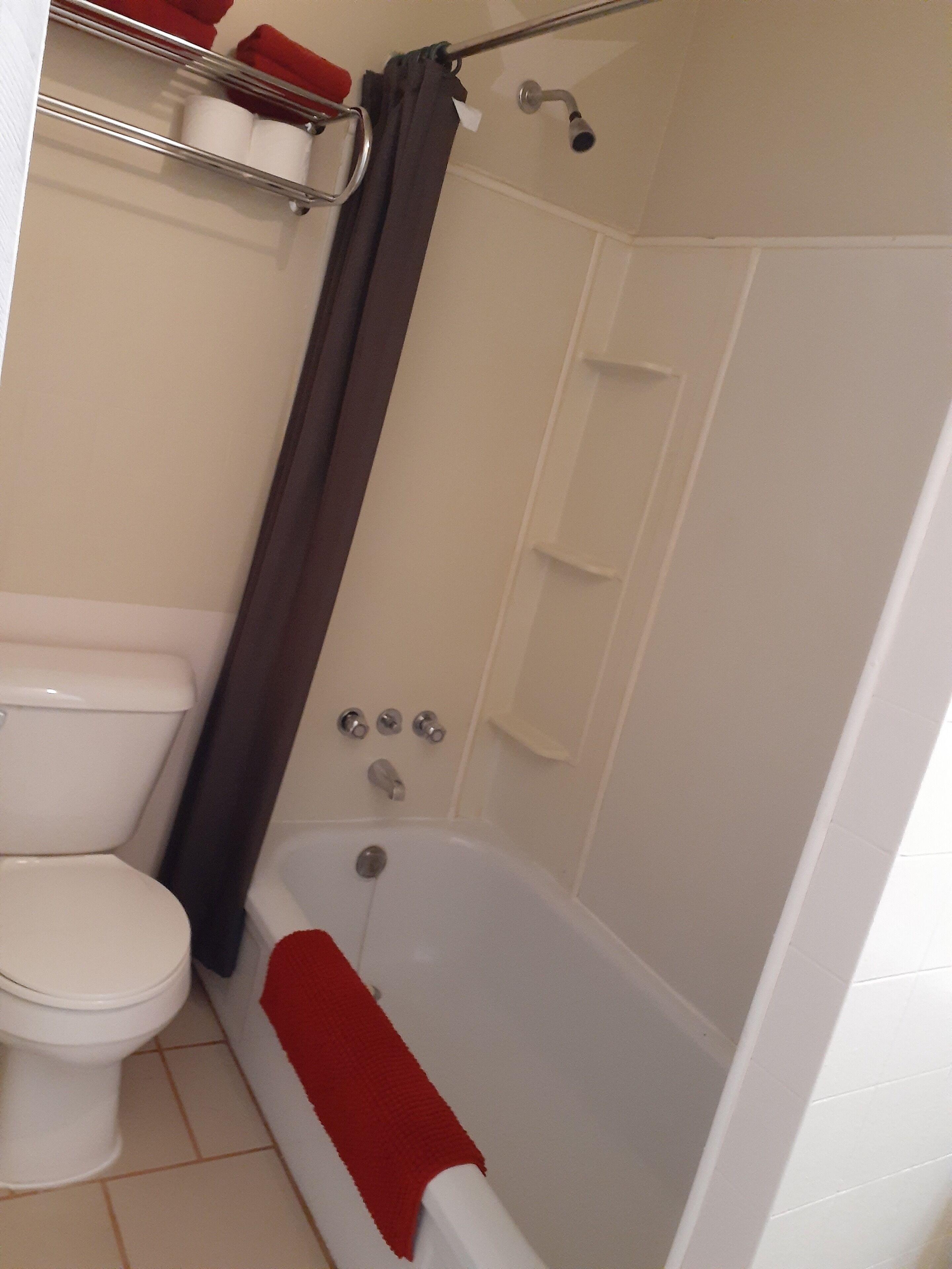 Un baño con inodoro blanco, bañera con toalla roja y zona de ducha.