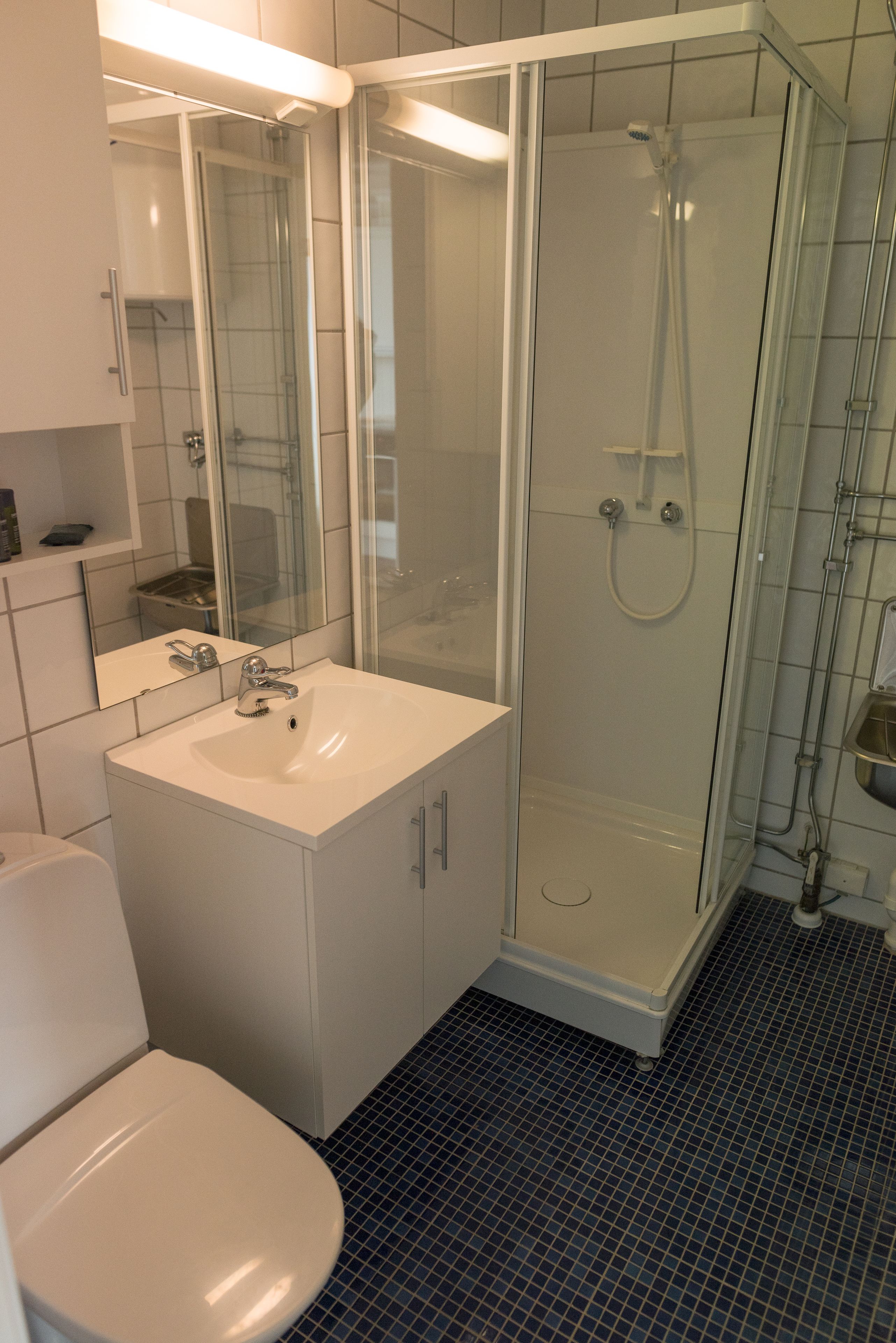 A modern bathroom with a glass-enclosed shower, a white sink, and a toilet.