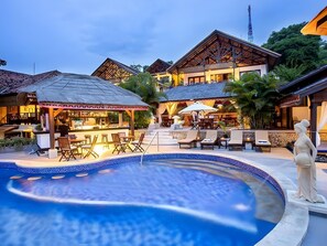 Outdoor pool, pool umbrellas, pool loungers