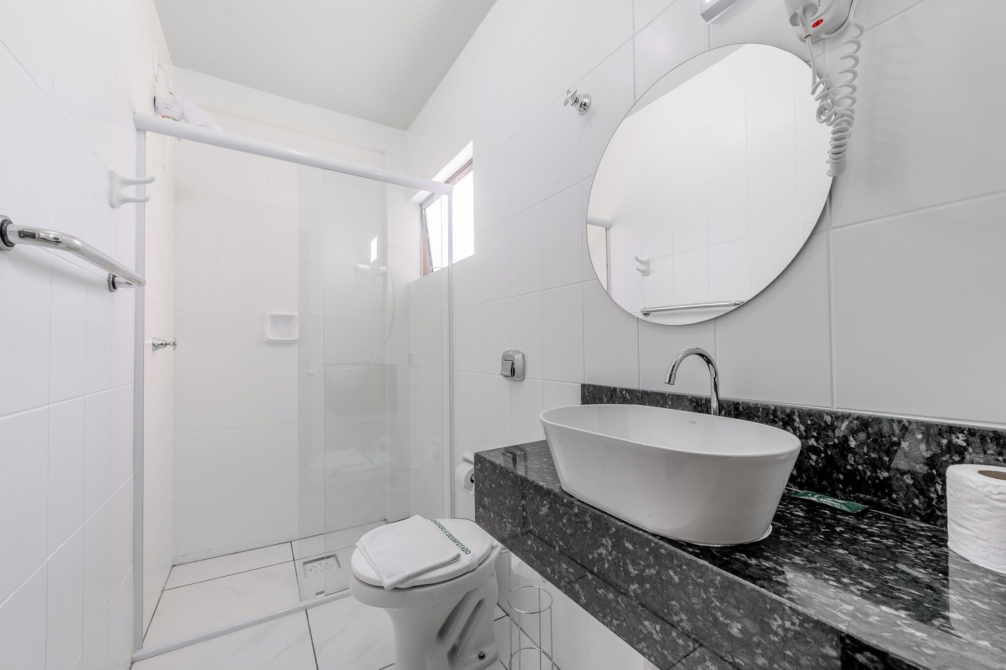 Shower, free toiletries, hair dryer, towels