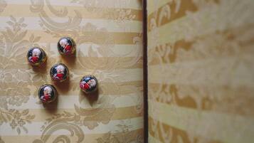 A patterned fabric with a series of circular objects.