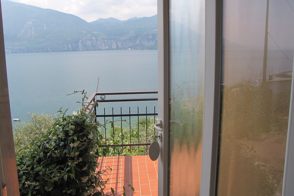 Blick durch eine Glastür auf einen Balkon mit Seeblick und Bergen im Hintergrund.