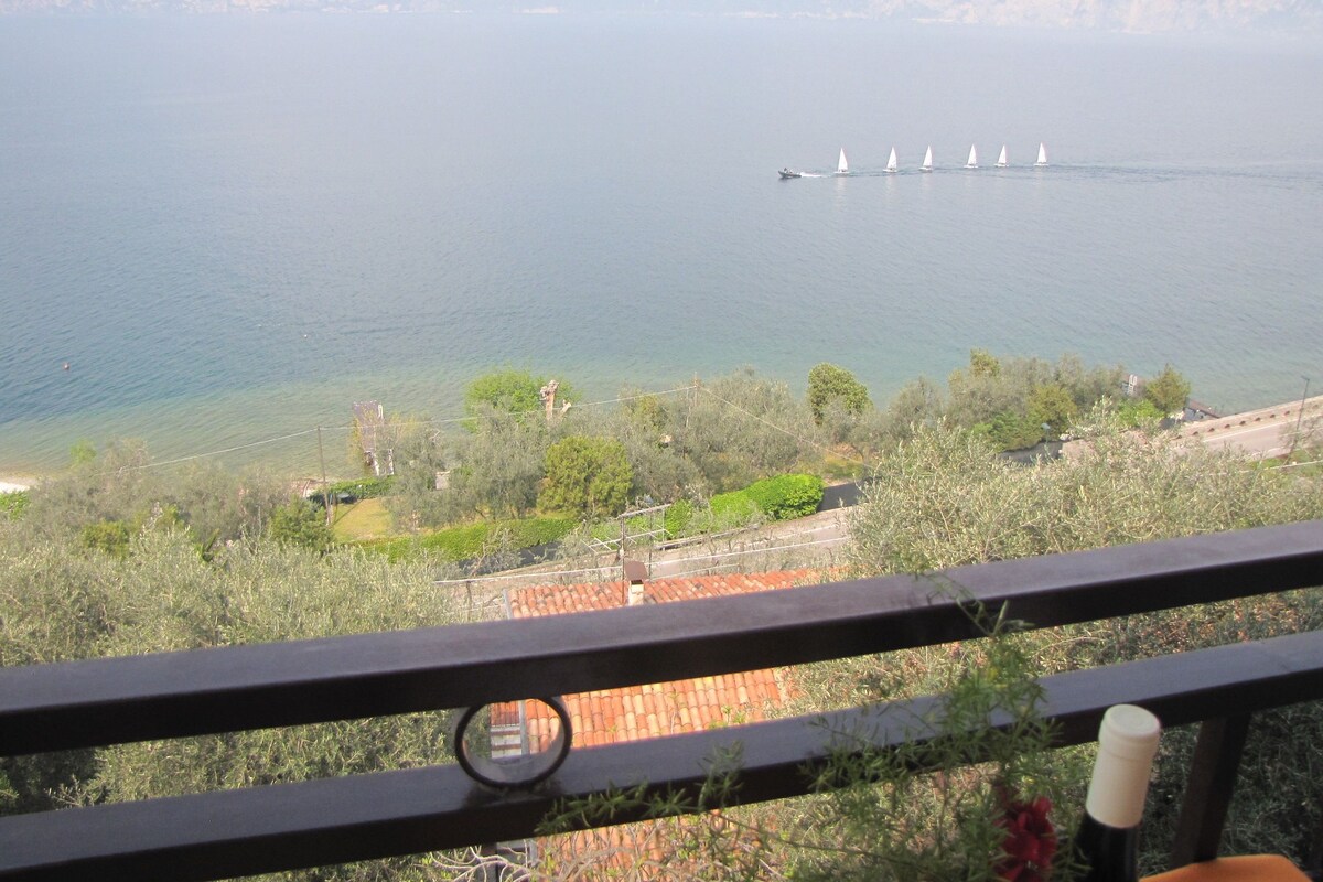Ein Balkon mit Blick auf einen See, Segelboote und umliegendes Grün.
