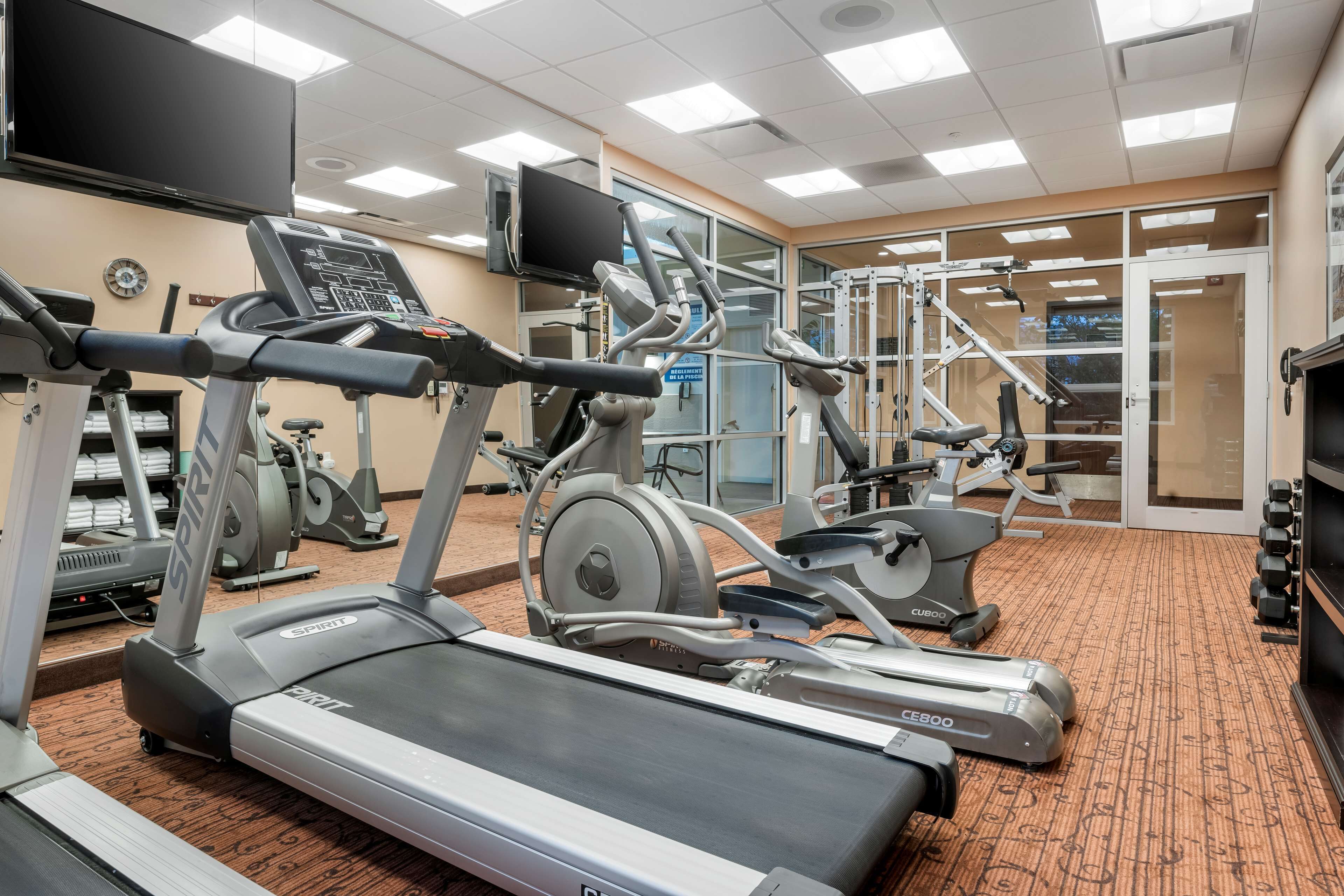 Een fitnessruimte met loopbanden, hometrainers en krachtapparaten.