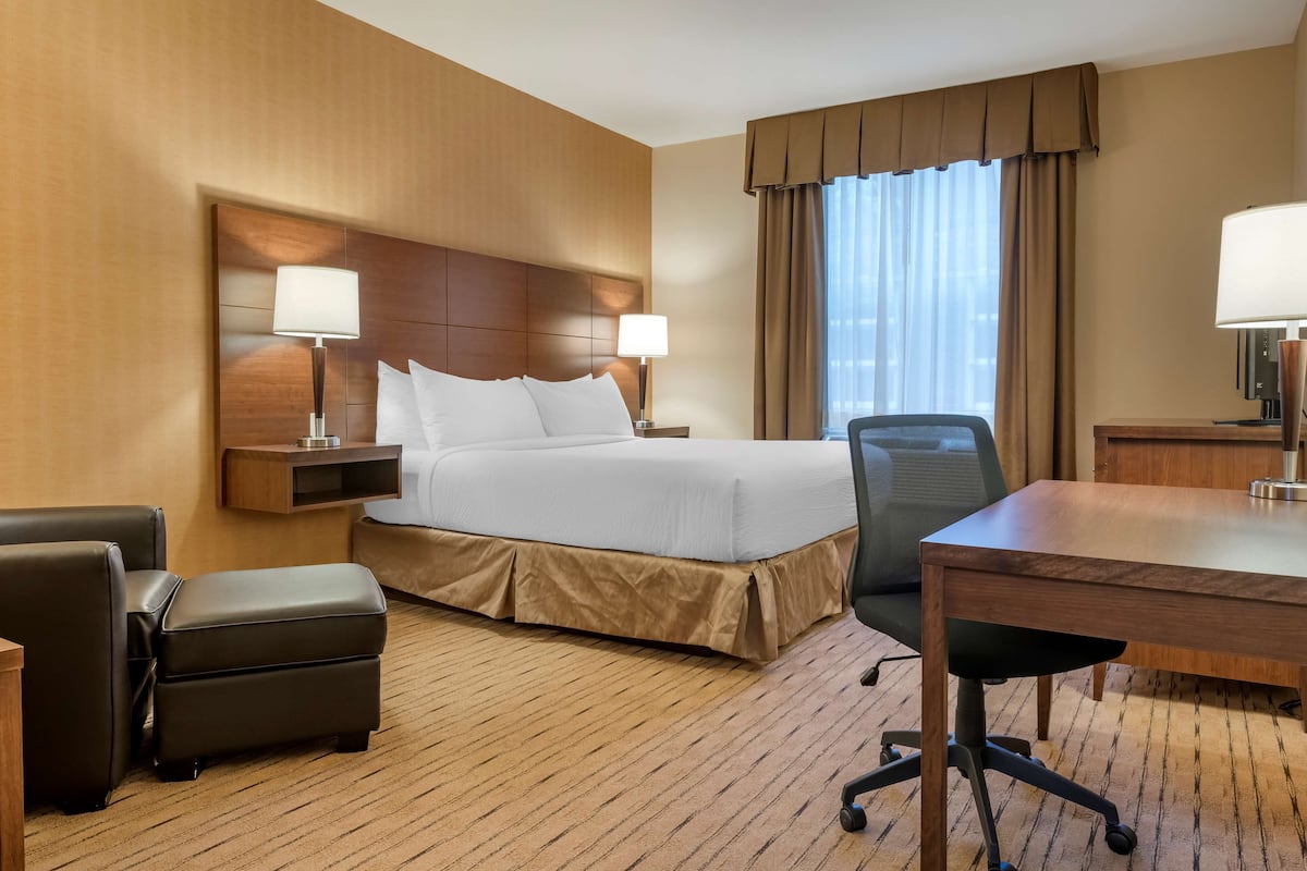 pillow-top beds, desk, laptop workspace, soundproofing