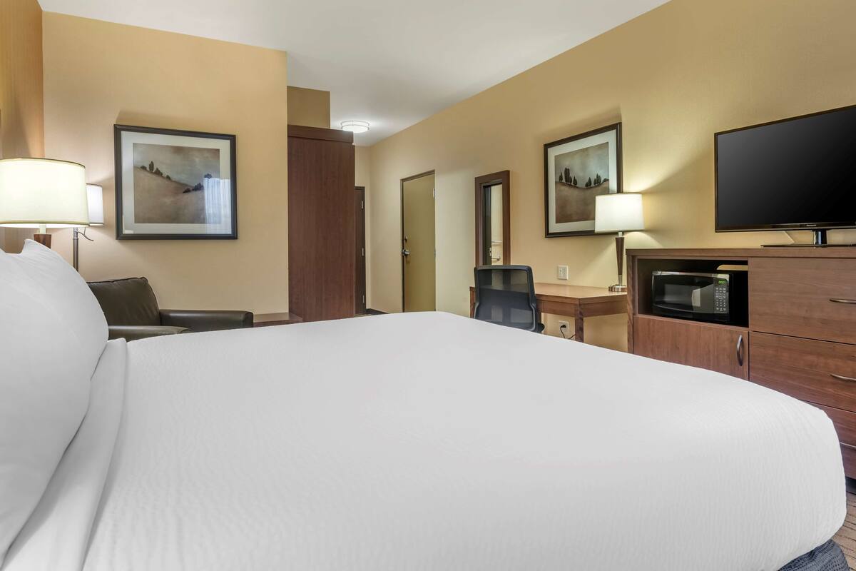 A hotel room with a large bed, a desk with a chair, a television, a microwave, and framed artwork on the walls.