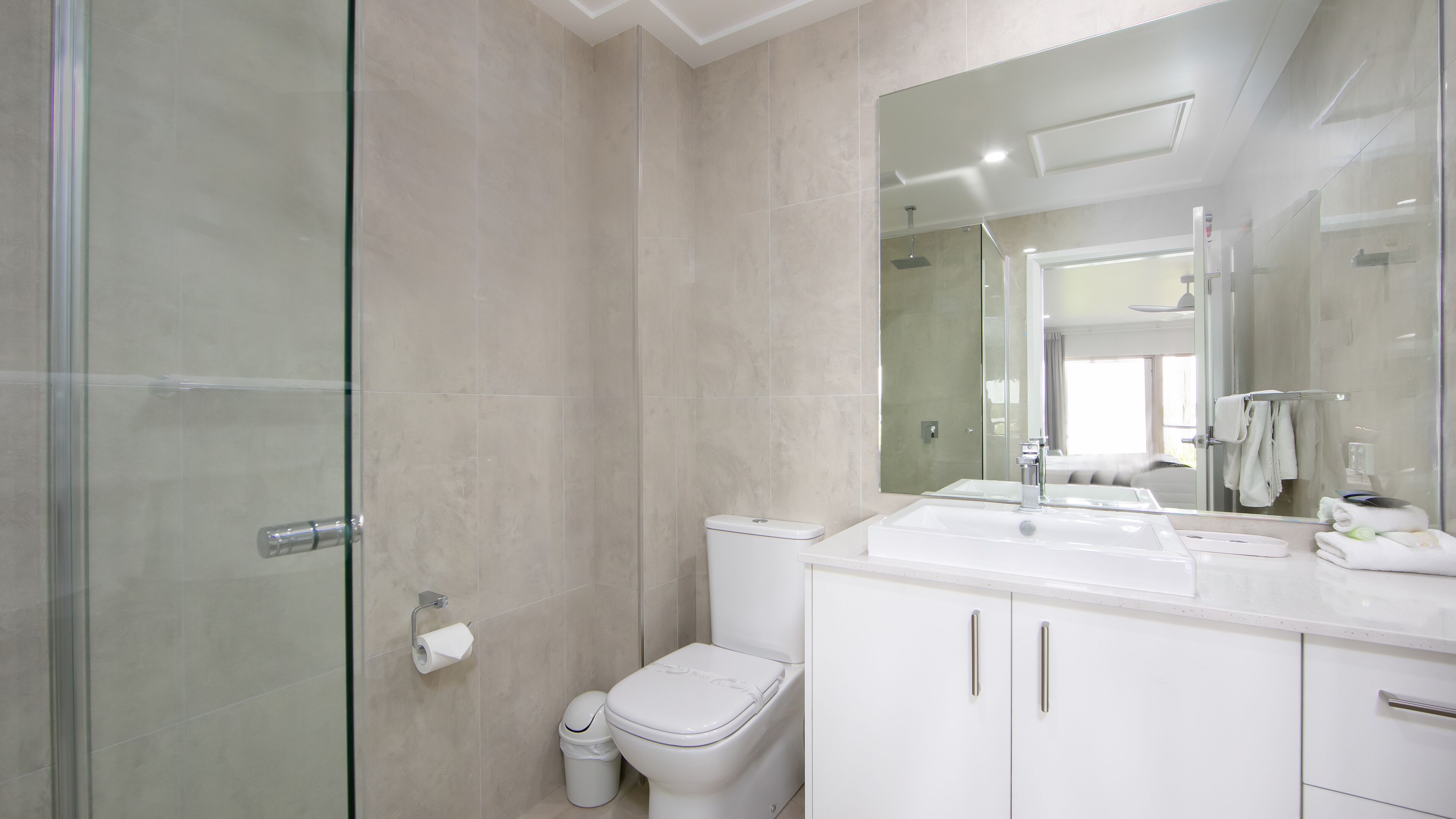 A modern bathroom with a glass shower enclosure, a white toilet, and a large mirror above a sink with a towel rack.