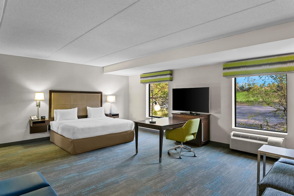 A hotel room with a bed, desk, TV, and large windows.
