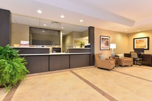 A hotel reception area with a reception desk, seating area, and a large potted plant.