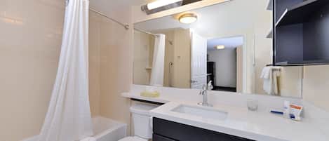 Separate tub and shower, hair dryer, towels, soap