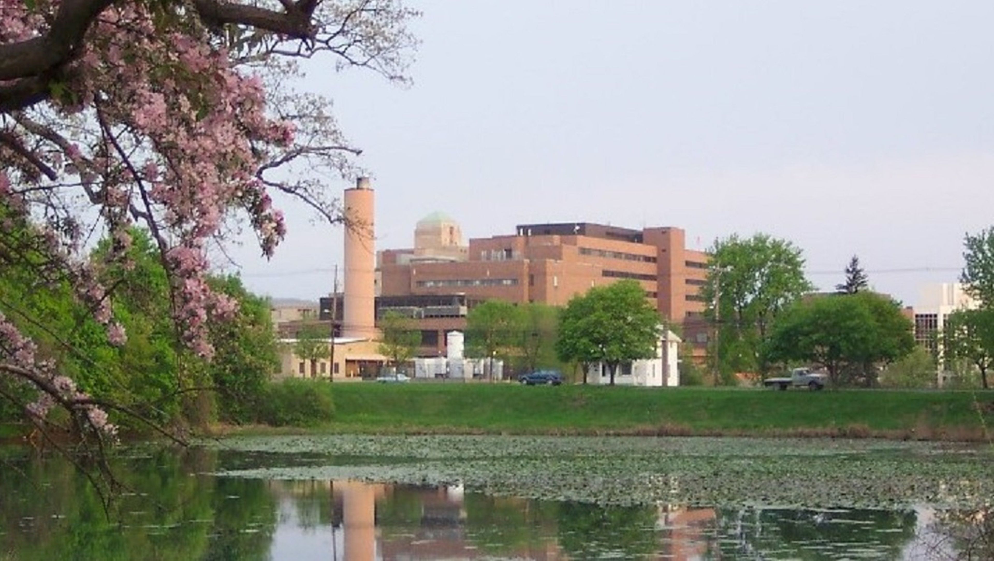 A building with a central tower and a dome, surrounded by trees and a body of water.