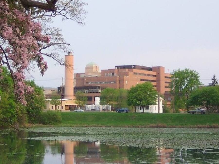A building with a central tower and a dome, surrounded by trees and a body of water.