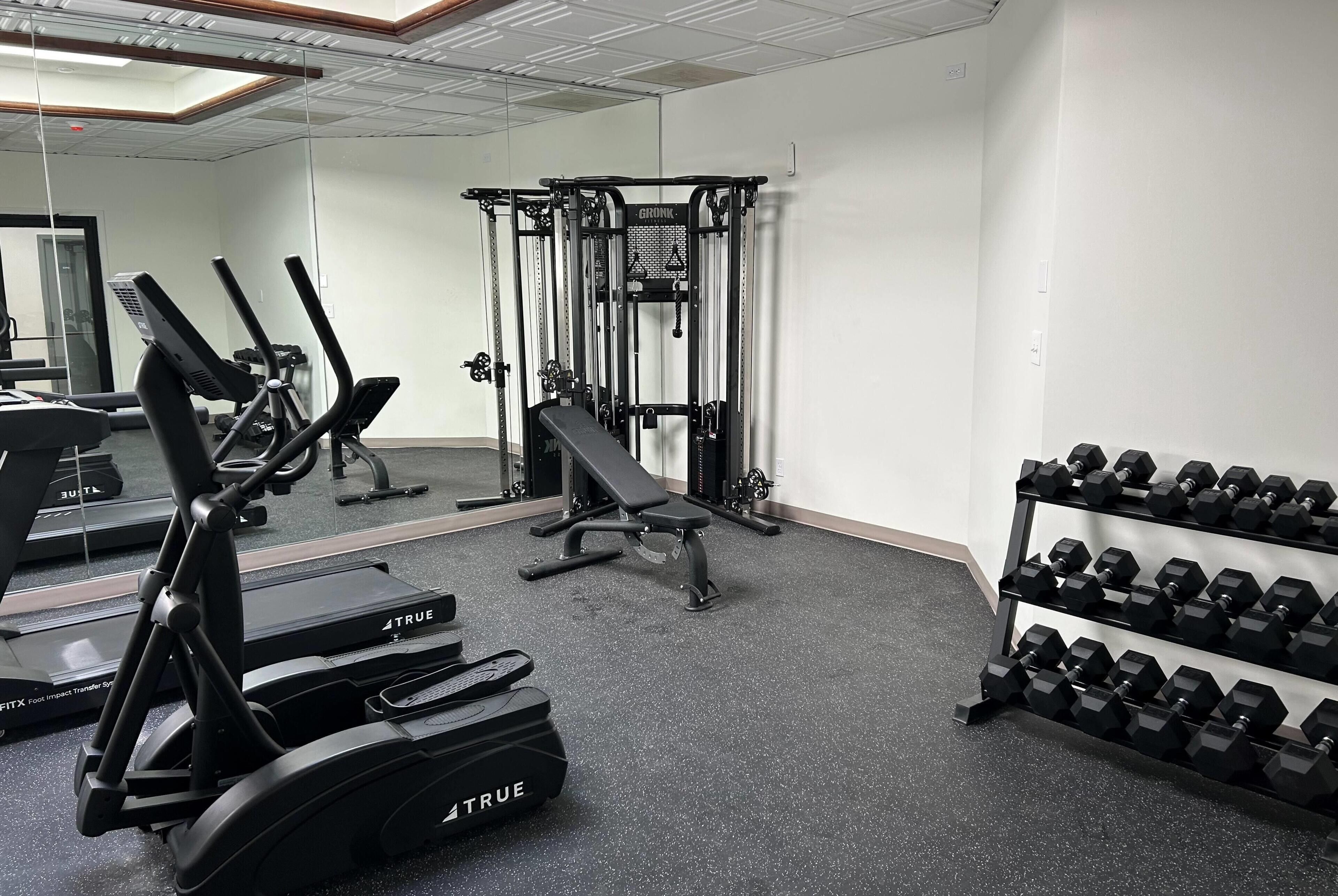 Ein Fitnessraum mit Laufbändern, einer Bank, einem Squat-Gestell und Kurzhanteln.