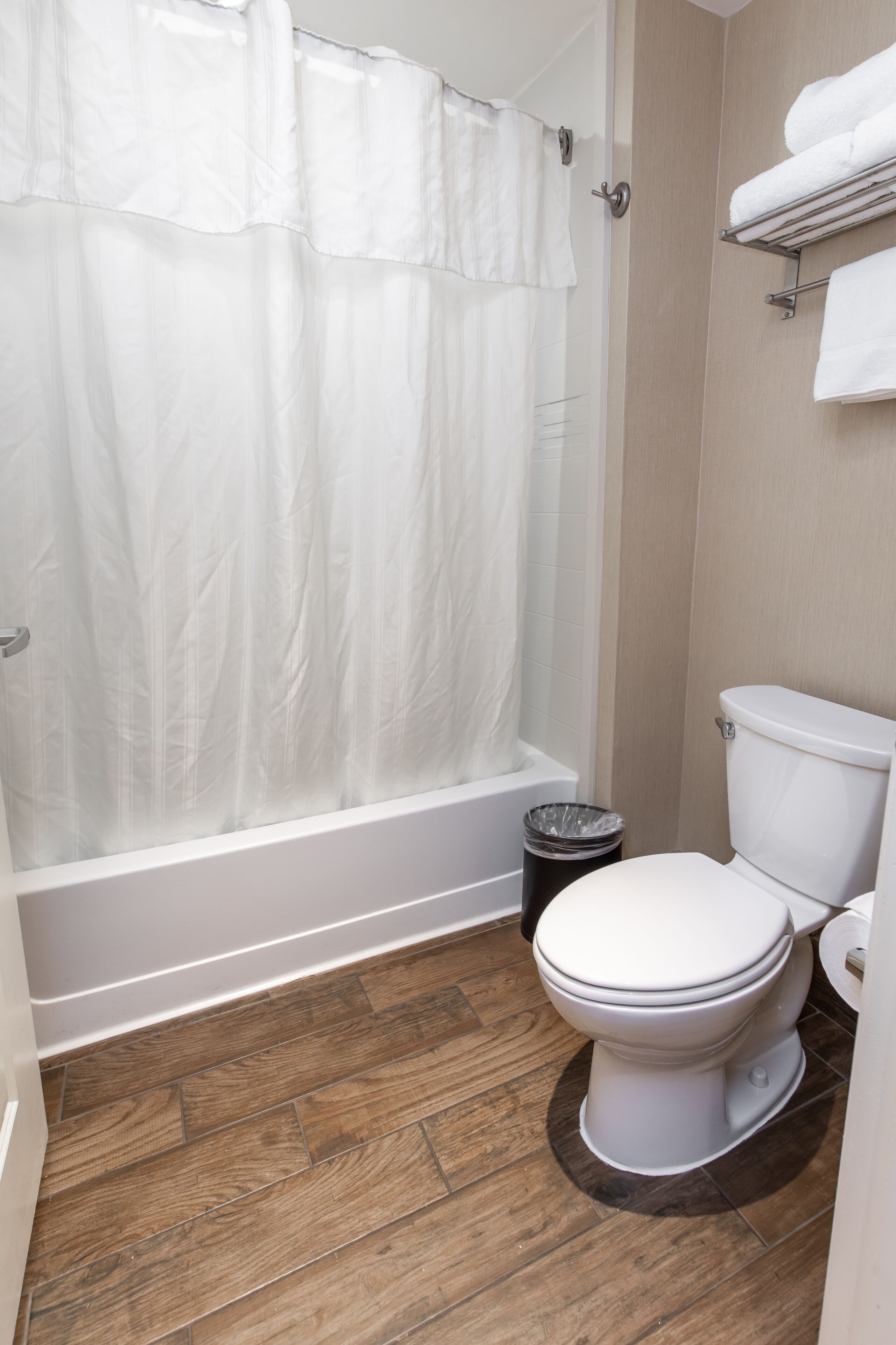 Baño con ducha, inodoro y cubo de basura.