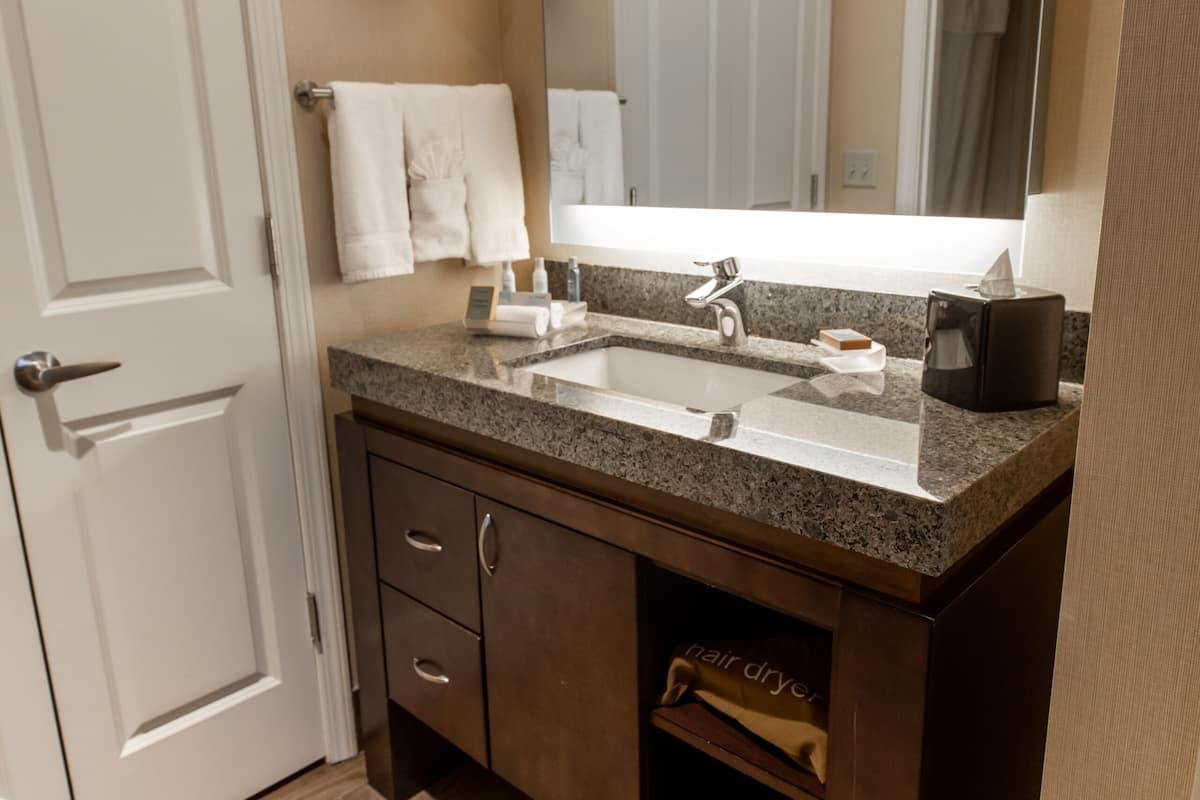 studio suite, 1 king bed, non smoking | bathroom | hair dryer, towels