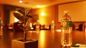 A potted plant on a table with a water bottle beside it.