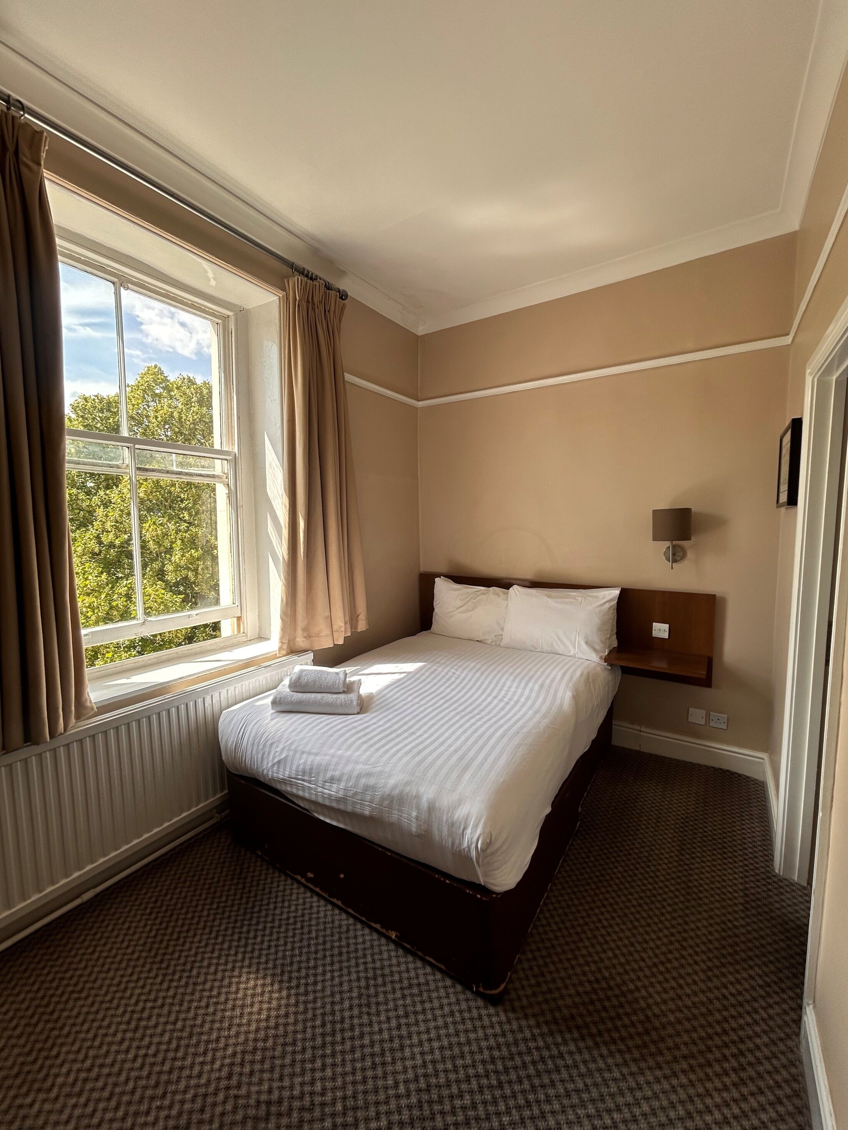 A hotel room with a large bed, a window with curtains, a bedside table with a lamp, and a view of trees outside.