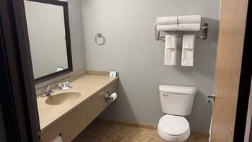 A bathroom with a sink, mirror, toilet, and towel rack.